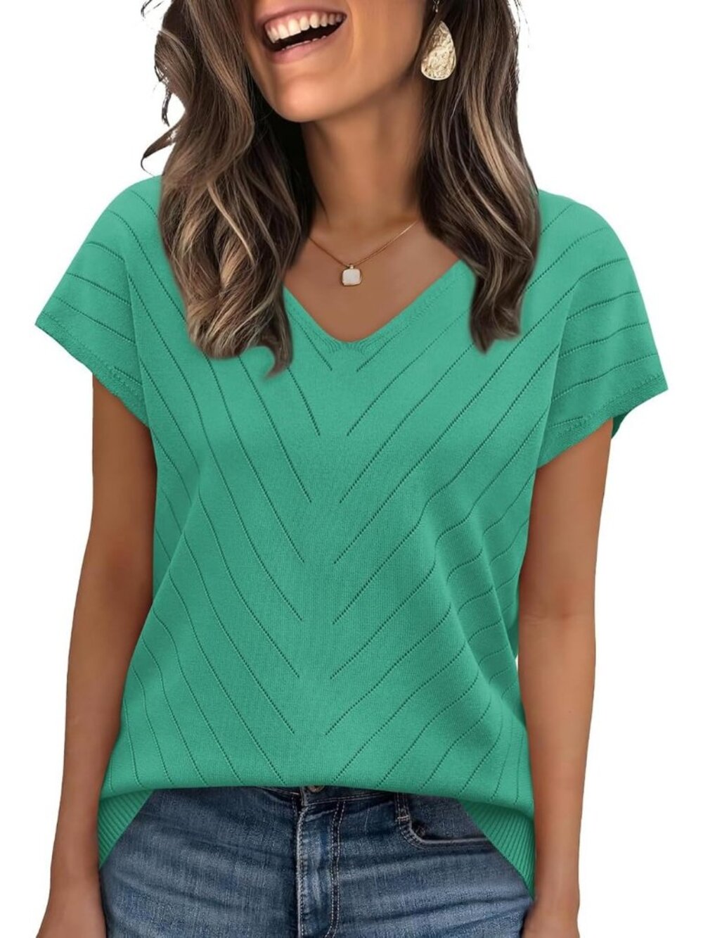 Women's L Green Trendy Summer Tops Sweater Pullover V-Neck Pull On Short Sleeve